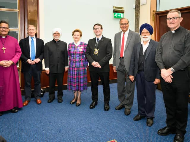 (R to L): Bishop of Portsmouth, Rt Rev Dr Jonathan Frost, Michael Bowles KC, CS Chadha, Deputy Lieutenant of Hampshire, Mrs Annabelle Boyes MBE DL, Lord Mayor of Portsmouth, Councillor Tom Coles, RS Raihi, PS Kalsi, Father J McAuley.

Picture: Keith Woodland (261121-34)
