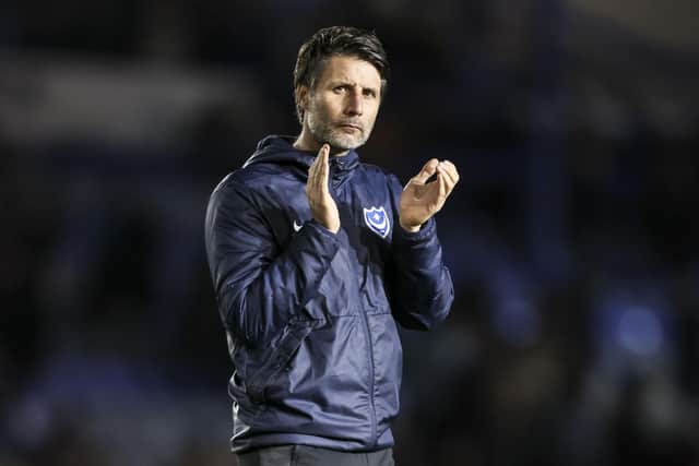 Danny Cowley applauds the Fratton faithful after Monday night's 2-1 defeat at the hands of Charlton. Picture: Robin Jones