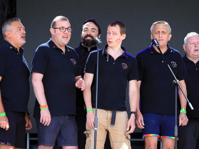 The Solent Gay Mens Community Chorus at Portsmouth Pride, Southsea Common. Picture: Chris Moorhouse (jpns 110622-13)