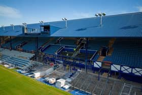 The restored South Stand truss can be glimpsed on the right of the middle section as work continues ahead of the new season. Picture: Michael Woods/Solent Sky Services