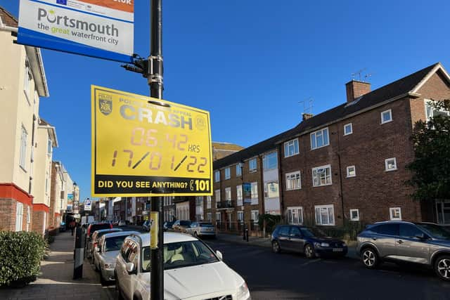 A police sign appealing for witnesses and information following the incident in High Street in Old Portsmouth.