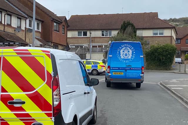 Some of the police vehicles at the scene in Tunstall Road, Paulsgrove, on Saturday morning. Photo: Tom Cotterill