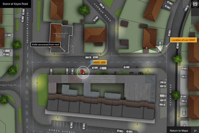 A digital aerial view of the murder scene