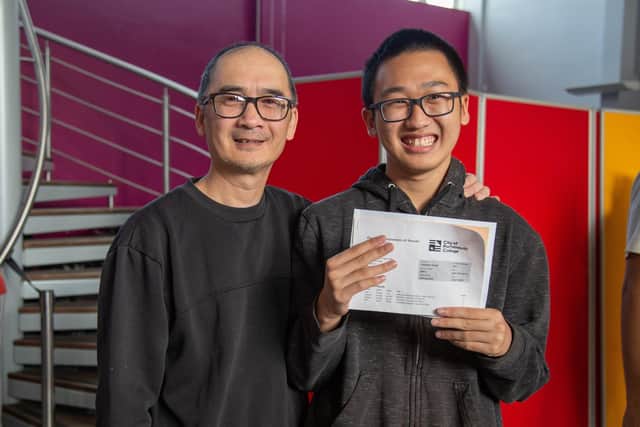 Jamie Ngo, 17, with his dad, Dzung, 53 are celebrating gaining A*s in English Literature and Language, History, and Politics
Picture: Habibur Rahman