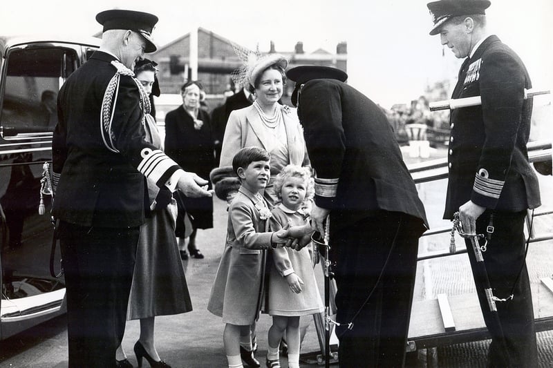 The Queen, Queen Mother, Prince Charles and Princess Anne arrive at Britannia ready for her maiden voyage to the med, April 14 1954