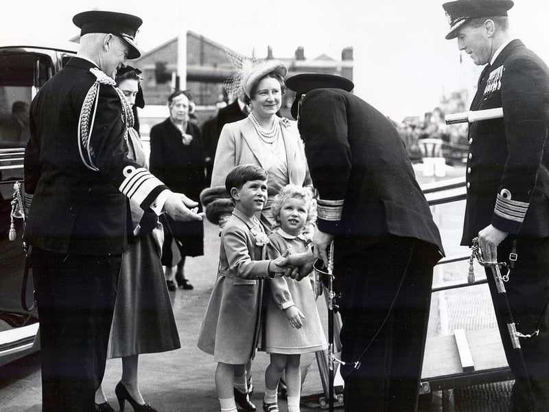 The Queen, Queen Mother, Prince Charles and Princess Anne arrive at Britannia ready for her maiden voyage to the med, April 14 1954