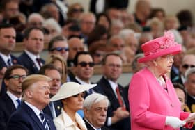 The Queen delivers her speech as US president Donald Trump looks on at the D-Day 75 National Commemorative Event, Southsea Common, Portsmouth.