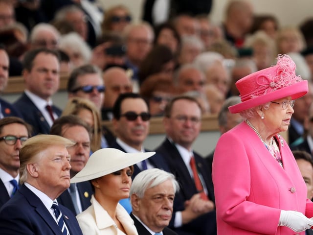 The Queen delivers her speech as US president Donald Trump looks on at the D-Day 75 National Commemorative Event, Southsea Common, Portsmouth.