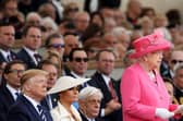 The Queen delivers her speech as US president Donald Trump looks on at the D-Day 75 National Commemorative Event, Southsea Common, Portsmouth.