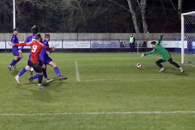 Josh Benfield scores Fareham's winner at Baffins last night. Picture by Ken Walker