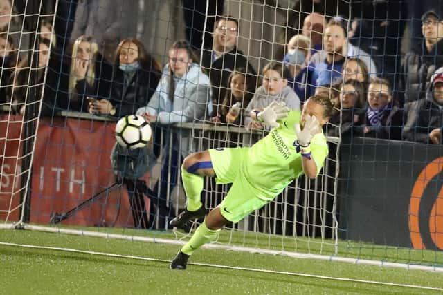 Pompey goalkeeper Hannah Haughton saves a penalty in the shoot-out. Picture: Dave Haines