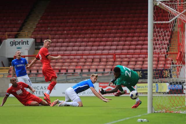 Joe Pigott netted his first Pompey goal - and the Blues second on the night - during victory at Leyton Orient. Picture: Simon Roe/ProSportsImages