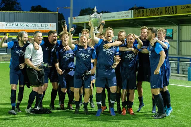 C J Glass celebrate their Portsmouth FA Victory Cup final success against AFC Portchester at Westleigh Park. Picture: Habibur Rahman