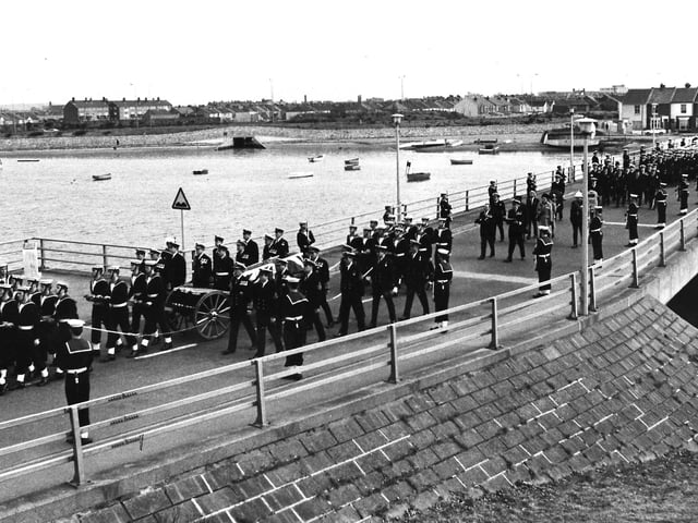 Funeral courtage crosses to HMS Excellent, Whale Island. The gun carriage bearing Admiral Fraser’s coffin passes over the bridge to enter HMS Excellent, Whale Island in 1981. Photo: Mike Smith collection, The News archive.
