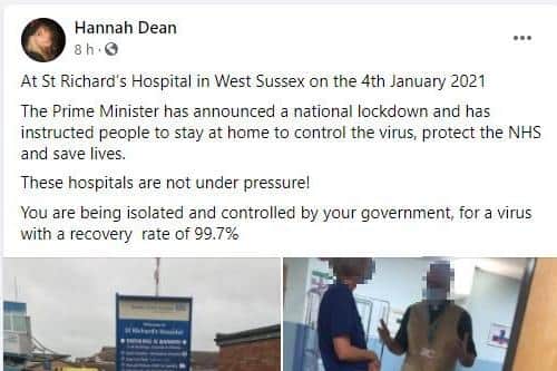 False claims by Hannah Dean on Facebook claim Southampton General Hospital and St Richards' in Chichester are 'not under pressure'. Picture: Facebook