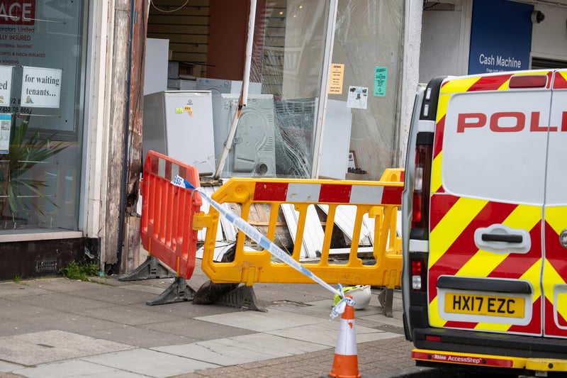 A police car has allegedly crashed into the front of a shop on Albert Road.

Pictured - The resulting damage and police on scene

Photos by Alex Shute