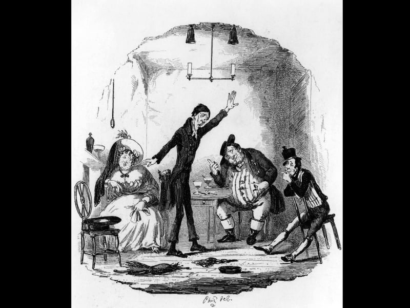 Sam Weller (right) listens to 'the red-nosed man' in a scene from Charles Dickens's first novel 'The Pickwick Papers', published as a serial from 1836 to 1837. Illustration by Phiz (Hablot Knight Browne, 1815 - 1882). (Photo by Hulton Archive/Getty Images)