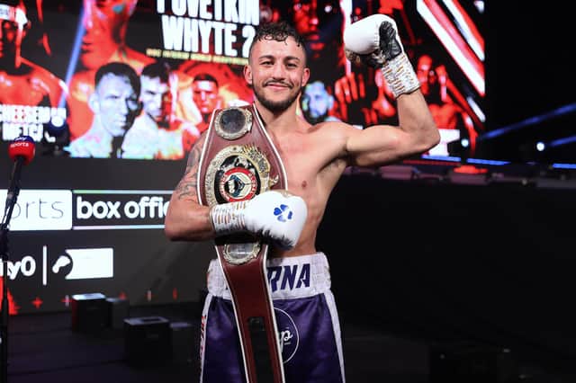 Mikey McKinson with the Welterweight WBO Global belt he won by beating Chris Kongo in March. Picture By Mark Robinson, Matchroom Boxing