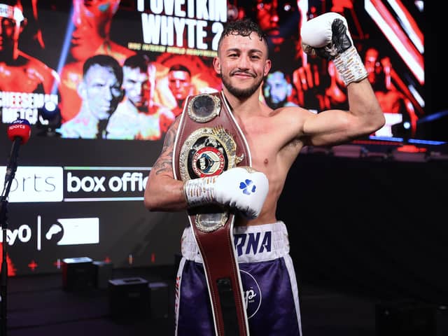 Mikey McKinson with the Welterweight WBO Global belt he won by beating Chris Kongo in March. Picture By Mark Robinson, Matchroom Boxing