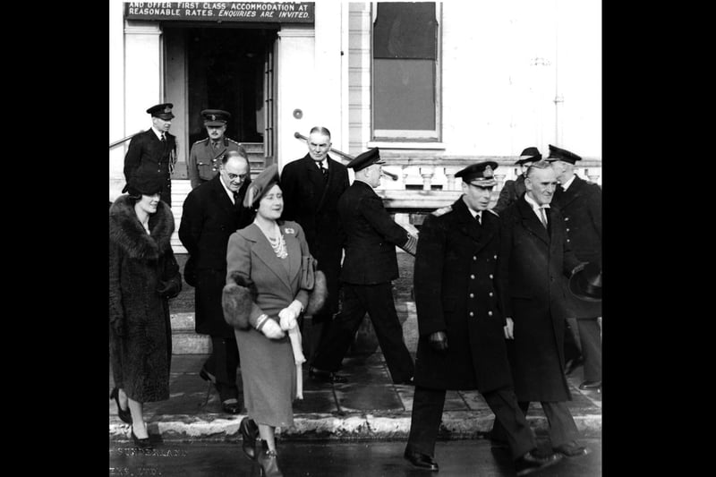 The King and Queen at Royal Beach Hotel.
Escorted by naval and military officers, here we see King George VI and Queen Elizabeth leaving the Royal Beach Hotel, South Parade.