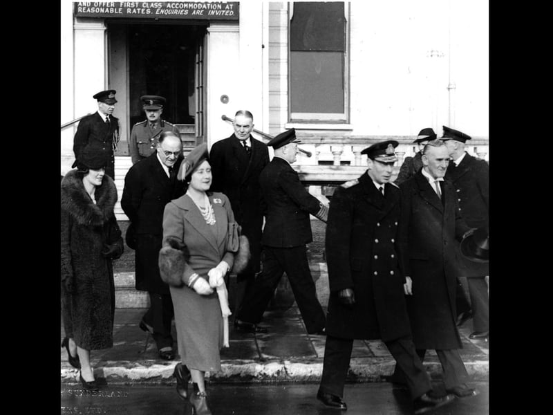 The King and Queen at Royal Beach Hotel.
Escorted by naval and military officers, here we see King George VI and Queen Elizabeth leaving the Royal Beach Hotel, South Parade.