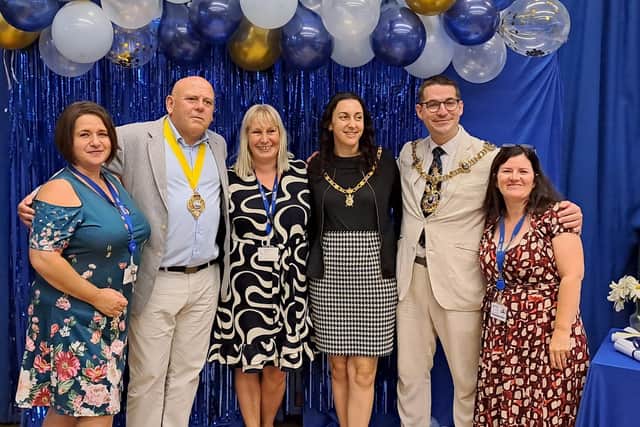 Pictured: St Vincent College’s Adult Community College staff Izzy Gooding, left, Tara Walton, centre and Ginny Thompson with Mayor of Gosport Martin Pepper, Portsmouth’s Lady Mayoress Nikki Coles and Lord Mayor Tom Coles.