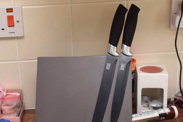 The remaining knives from the knife block in the kitchen of Cherelle Ash's kitchen where Kevin Batchelor stabbed George Allison. Pic Hants police
