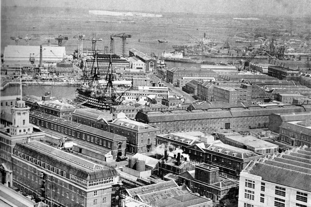 An aerial view over Portsmouth Dockyard. A  magnificent view over the dockyard to the chalk pits of Portsdown Hill.  The great Rope House can be seen lined out.