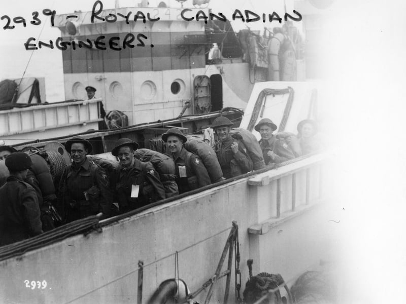 Royal Canadian Engineers on board an LCI(L) alongside South Parade Pier, about to embark for Normandy. Probably after D-Day.
