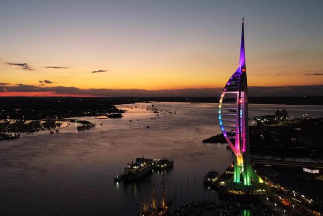 Spinnaker Tower lit up in rainbow colours for countdown to Portsmouth Pride 2022. Pic Spinnaker Tower