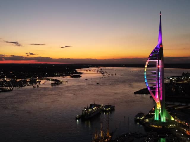 Spinnaker Tower lit up in rainbow colours for countdown to Portsmouth Pride 2022. Pic Spinnaker Tower