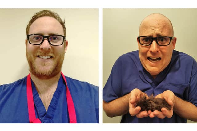NHS sterilisation technician Lee George, 32, before and after his head shave raising money for Queen Alexandra Hospital in Cosham