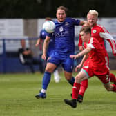 Tyler Moret (blue) scored on his US Portsmouth debut against Newport. Picture: Chris Moorhouse