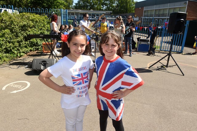 St Columba C of E Primary School in Fareham, celebrated The Queen's Platinum Jubilee. From left: Nevaeh Price and Lexi James.