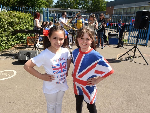 St Columba C of E Primary School in Fareham, celebrated The Queen's Platinum Jubilee. From left: Nevaeh Price and Lexi James.