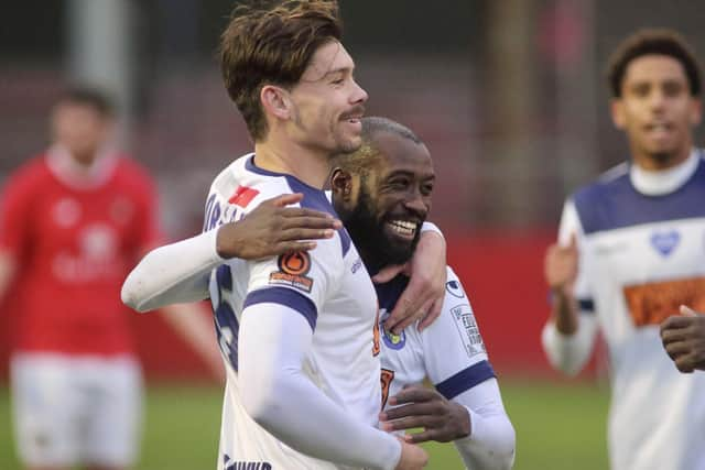 Craig Robson has just put Hawks ahead at Ebbsfleet. Picture: Kieron Louloudis.