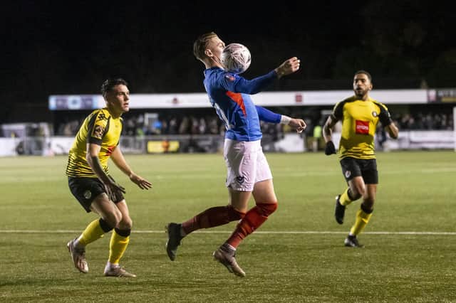 Pompey's Ronan Curtis in action during this season's FA Cup first round tie on Harrogate's 3G surface. The Yorkshire club will have to rip the pitch up if they win promotion to the EFL via the play-offs. Photo by Daniel Chesterton/PinPep.