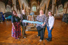 World Oceans Day exhibition at St Mary's Church, Fratton, Portsmouth on June 8 2022, an earlier part of the Octopus Story project. From left: World Oceans team creative director Roni Edwards, producer Roy Hanney, project manager Angela Parks and project evaulator, Anna Marie Flynn. Picture: Habibur Rahman