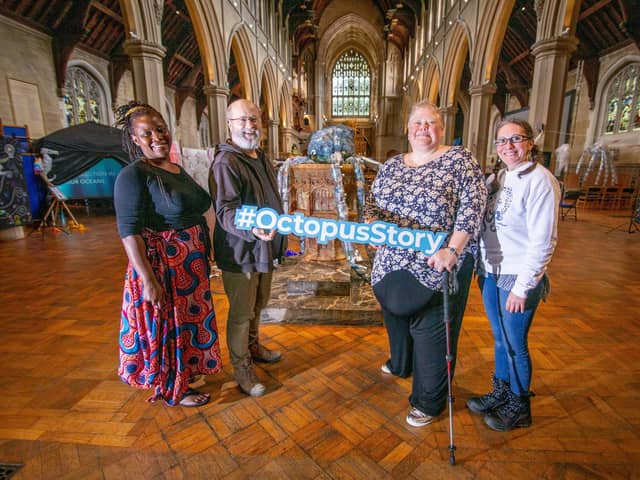 World Oceans Day exhibition at St Mary's Church, Fratton, Portsmouth on June 8 2022, an earlier part of the Octopus Story project. From left: World Oceans team creative director Roni Edwards, producer Roy Hanney, project manager Angela Parks and project evaulator, Anna Marie Flynn. Picture: Habibur Rahman