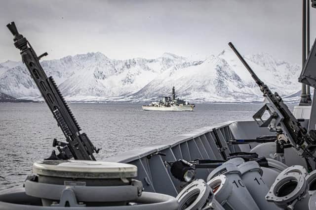HMS Lancaster manoeuvres in a fjord as seen from HNoMS Thor Heyerdahl. Picture: Royal Navy