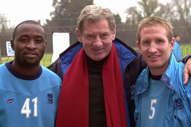 Pompey chairman Milan Mandaric welcomes Pompey new boys Lomana Lualua and John Curtis to the club in January 2004. Picture: Malcolm Wells