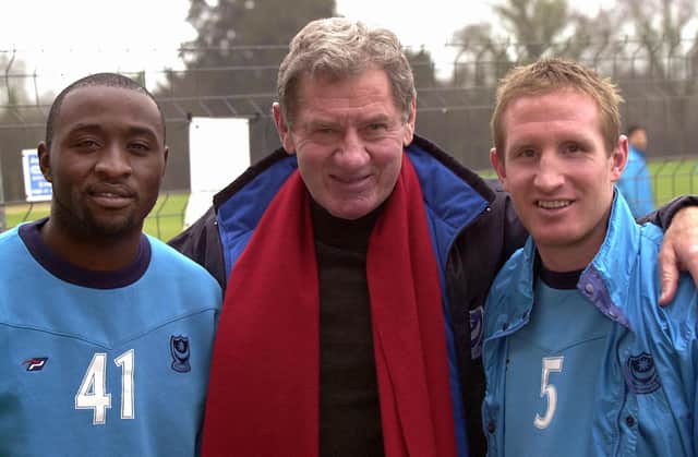 Pompey chairman Milan Mandaric welcomes Pompey new boys Lomana Lualua and John Curtis to the club in January 2004. Picture: Malcolm Wells