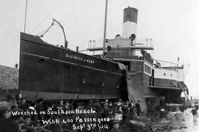 The paddle steamer Duchess of Kent beached at the Hot Walls, Old Portsmouth, in September 1909after a collision in the Solent. Built in 1897, this paddler survived to be requisitioned for war service by the Royal Navy in 1916 and returned to the Solent crossing until she was sold in 1933. Picture: Paul Costen collection