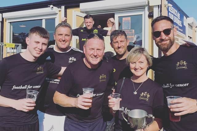 Cup win (from left): Harry Scannell, Patrick Keating, Jake Daniels (background), Jason Scannell, Ray Ogilvie, Michelle Scannell, Paul Chivers. Pic courtesy Jason Scannell.