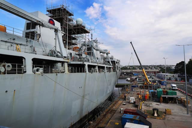 HMS Bulwark pictured during a refit at HMNB Devonport.