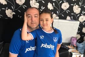 Pompey fan Dom Merrix, 48, of North End, pictured with his 10-year-old daughter Ellie-Mai. Dom died on Thursday of a suspected case of Covid-19