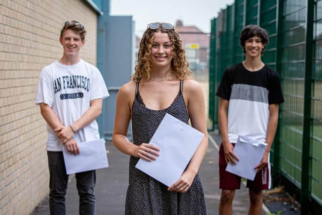 Students collect their A level results at UTC Portsmouth last year. Alex Bird, Kate Cooper, and Melic Oughton. Picture: Habibur Rahman
