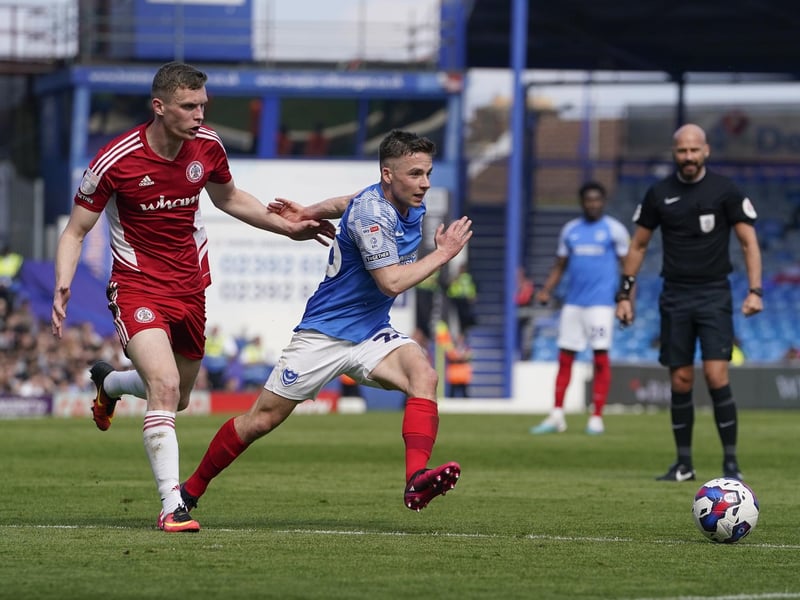 Tom Lowery drives Pompey on the attack during a goalless first half against Accrington. Picture: Jason Brown/ProSportsImages