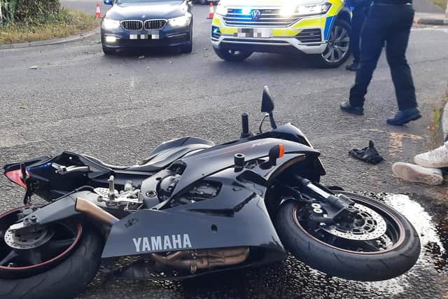 Police gave chase to the bikers along the A3 in Hampshire. One of the motorbikes crashed, and was written off. Picture: Hampshire Roads Policing Unit.