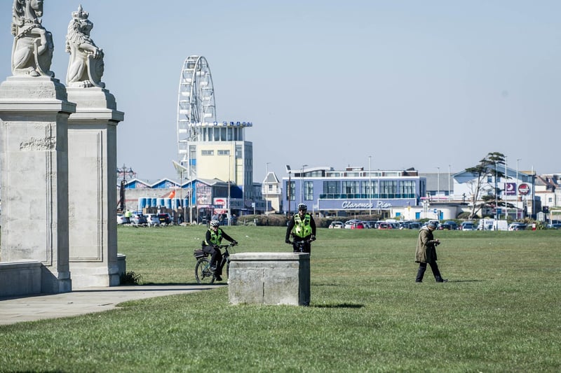 Police at Portsmouth Naval Memorial on March 25, 2020